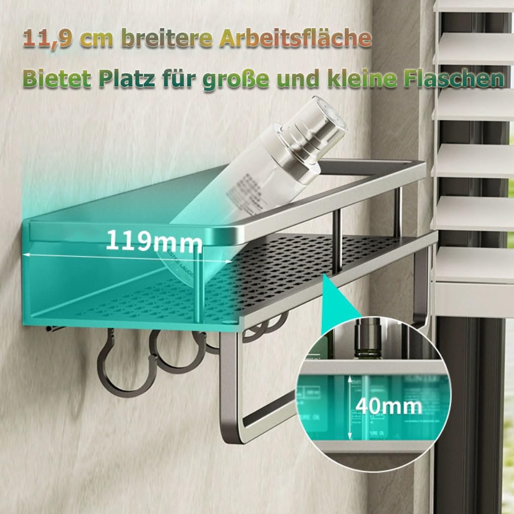 Estante de Ducha sin Taladro, Organizador de baño con Ganchos y toallero, Estante de Pared para Ducha con Drenaje para Ducha, Cocina y baño de Invitados,1etage,60cm