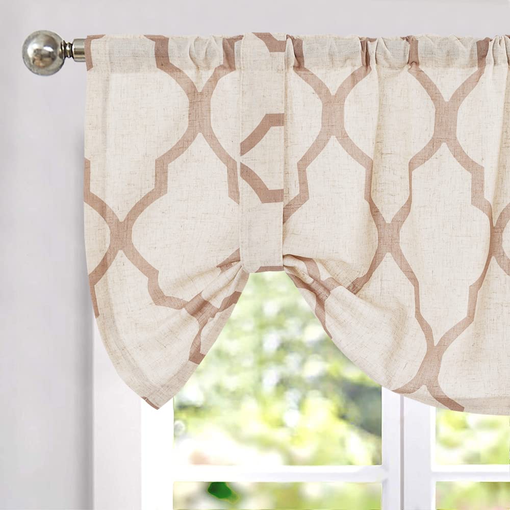 TOPICK Visillo Opaco con Aspecto de Lino y Estampado geométrico, para Cocina, 130 x 45 cm (Ancho x Alto), 1 Unidad, marrón sobre Beis