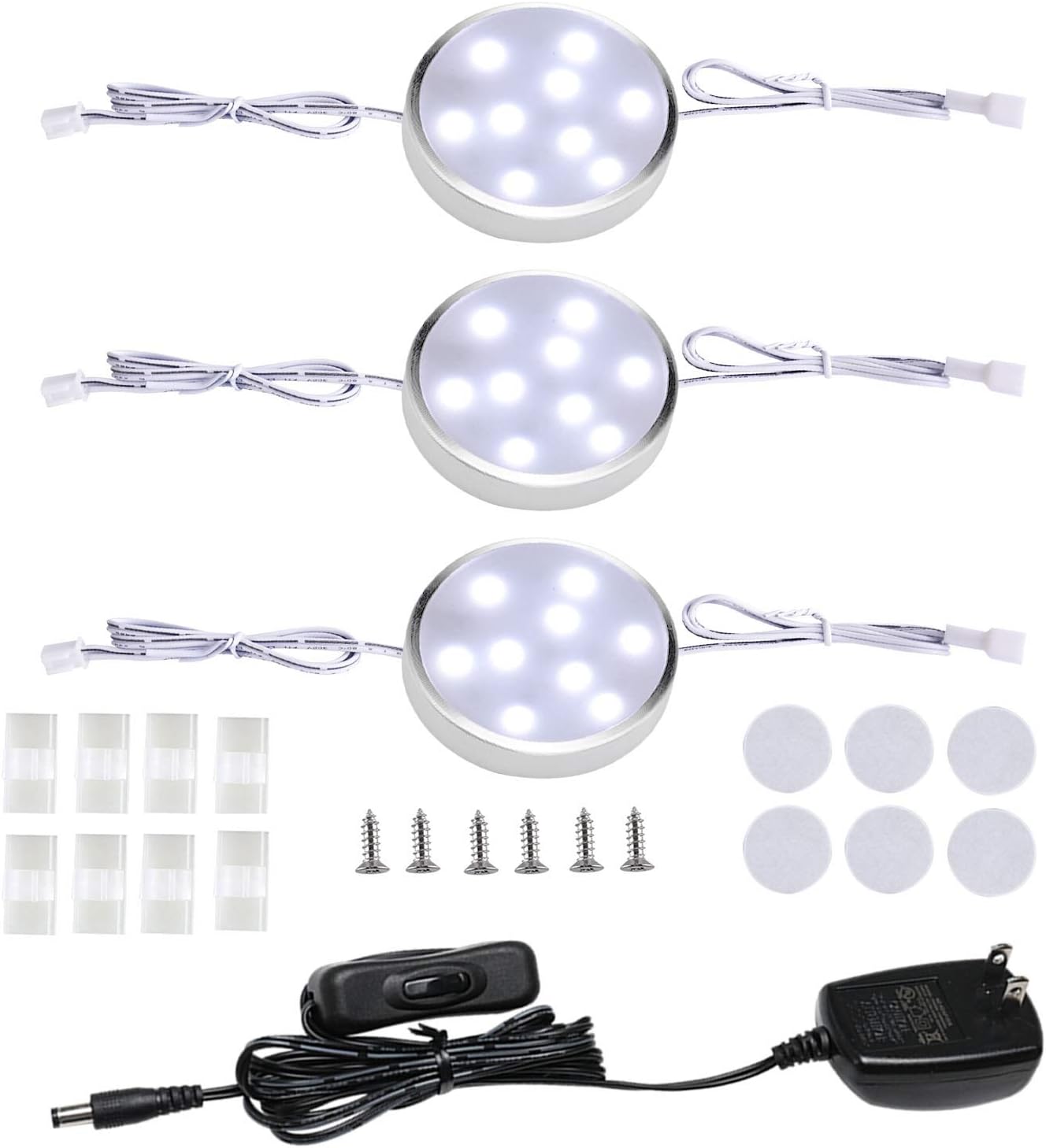 LED Under Counter Lighting Fixture,3 Pack Wired Linkable Under Cabinet Lights for Kitchen,Plug in Puck Lights with Manual Switch for Wardrobe Closet Showcase Bookcase（6000K Daywhite）