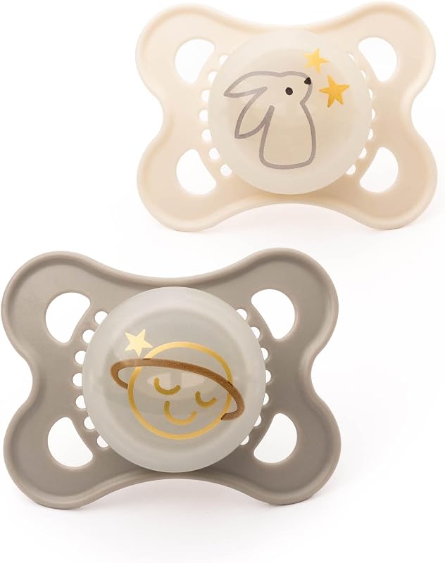 MAM Original Night Soothers | 0-6 Months | 2 Pack | Glow in the Dark | Comes in Dummy Steriliser Case | Baby Accessories for Newborn | Cream/Grey (Various Designs)