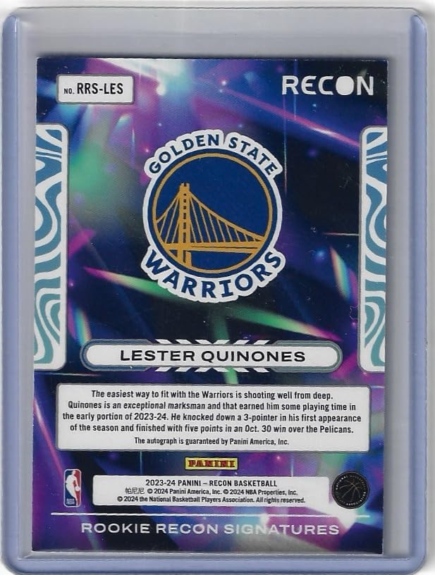 Lester Quinones Autographed & Serial NUmbered #45/49 Purple Parallel Rookie Recon Signatures Rookie Card Collectible Football Card - 2023 Panini Recon Basketball Card #RRRS-LES (Warriors)