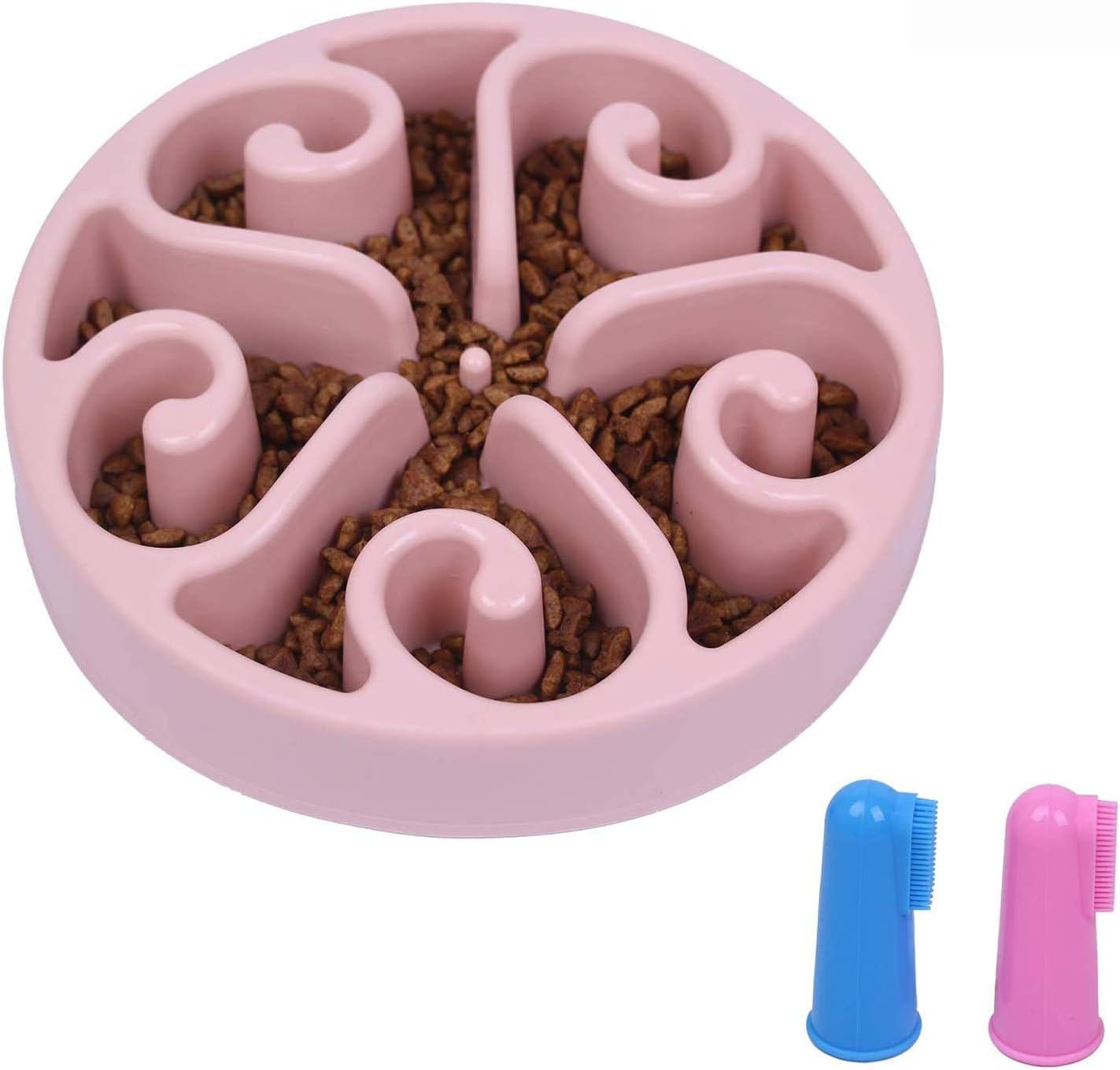 Slow Feeder Dog Bowl,GRULLIN Eco-Friendly Puzzle Non Skid Base Dish with 2 Pack Finger toothbursh, Prevent Choking Indigestion for Pets Dogs (Pink)