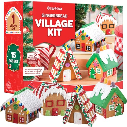 Gingerbread House kit [Set of 4] Mini Village Gingerbread Decorating House Kit Fun Holiday Activity for Kids, Ease Crafted Grooves Decor Kit; Icing/Fondant/Sugar/Candies/Jellies/Beads/Trays-15 Pcs Set