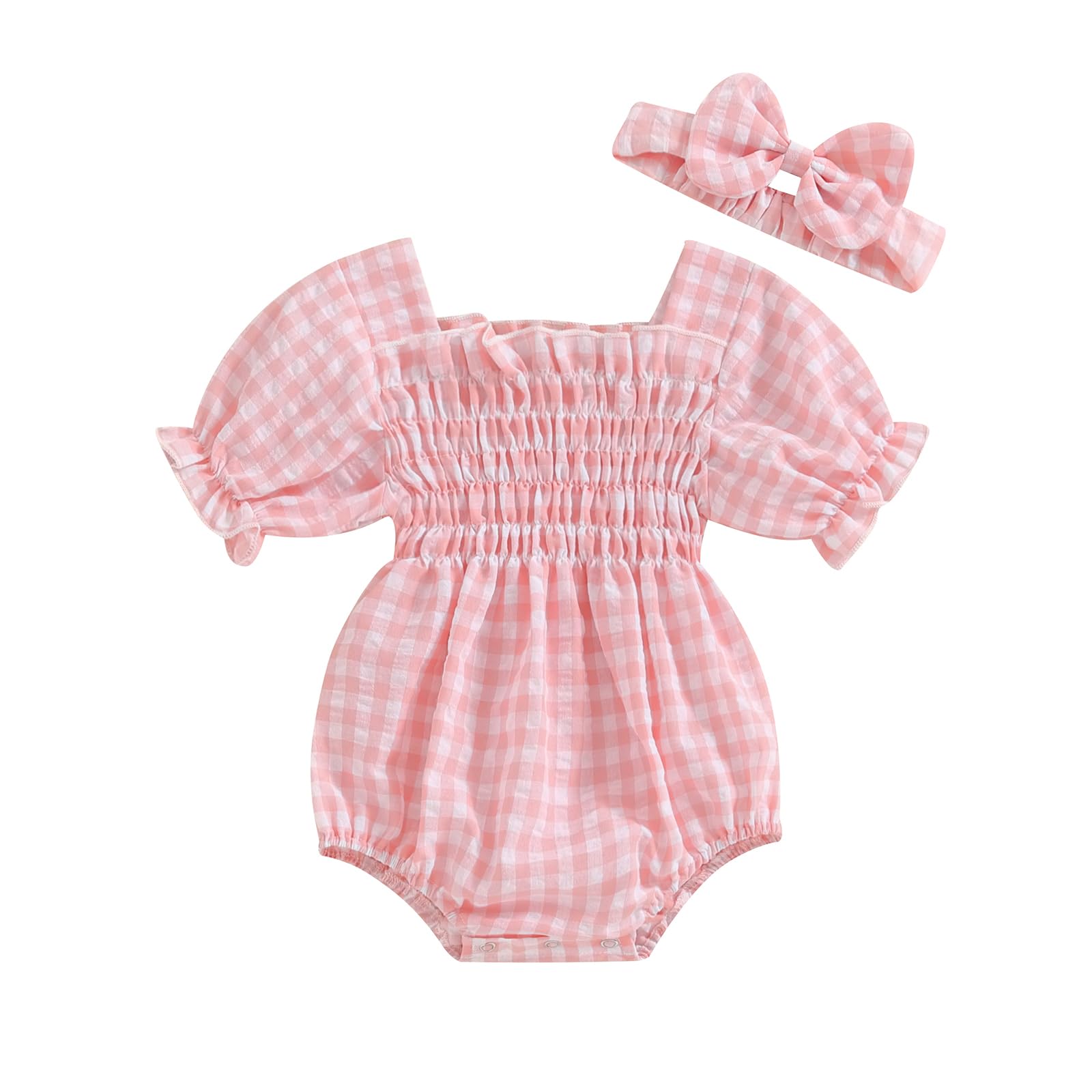 Infant Baby Girls Romper Ruffle Sleeve Pleated Smocked Bubble Plaid One Piece Ruched Jumpsuit Summer Bodysuit (Pink-plaid, 12-18 Months)