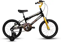 Bicicleta Infantil Aro 16 Hot Jr Menino com Rodinhas Laterais Freio V-Brake Quadro em Aço Carbono Preta e Amarela 4 a 7 Anos