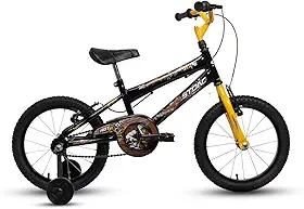 Bicicleta Infantil Aro 16 Hot Jr Menino com Rodinhas Laterais Freio V-Brake Quadro em Aço Carbono Preta e Amarela 4 a 7 Anos