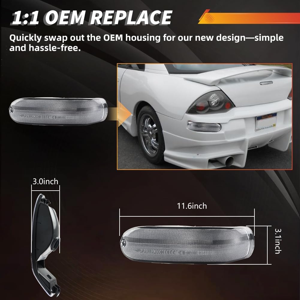Rear Side Marker Bumper Lights Housing Compatible with Mitsubi-shi Eclipse 2002-2005, [DOT] [IP67 Waterproof] Rear Turn Signal Marker Light Cover [No Bulbs], 2 PCS, Sleek Clear Lens