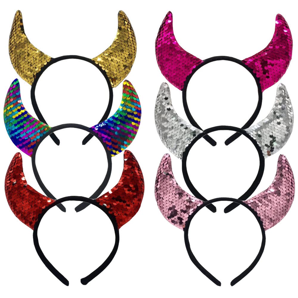 KIPETTOGlitter Devil Horns Headband 6Pcs Sequin Devil Ears Headband Halloween Fancy Dress Cosplay Hairband