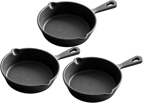 Mini sartén de hierro fundido de 4.7 pulgadas, paquete de 3, sartén, uso en interiores y exteriores