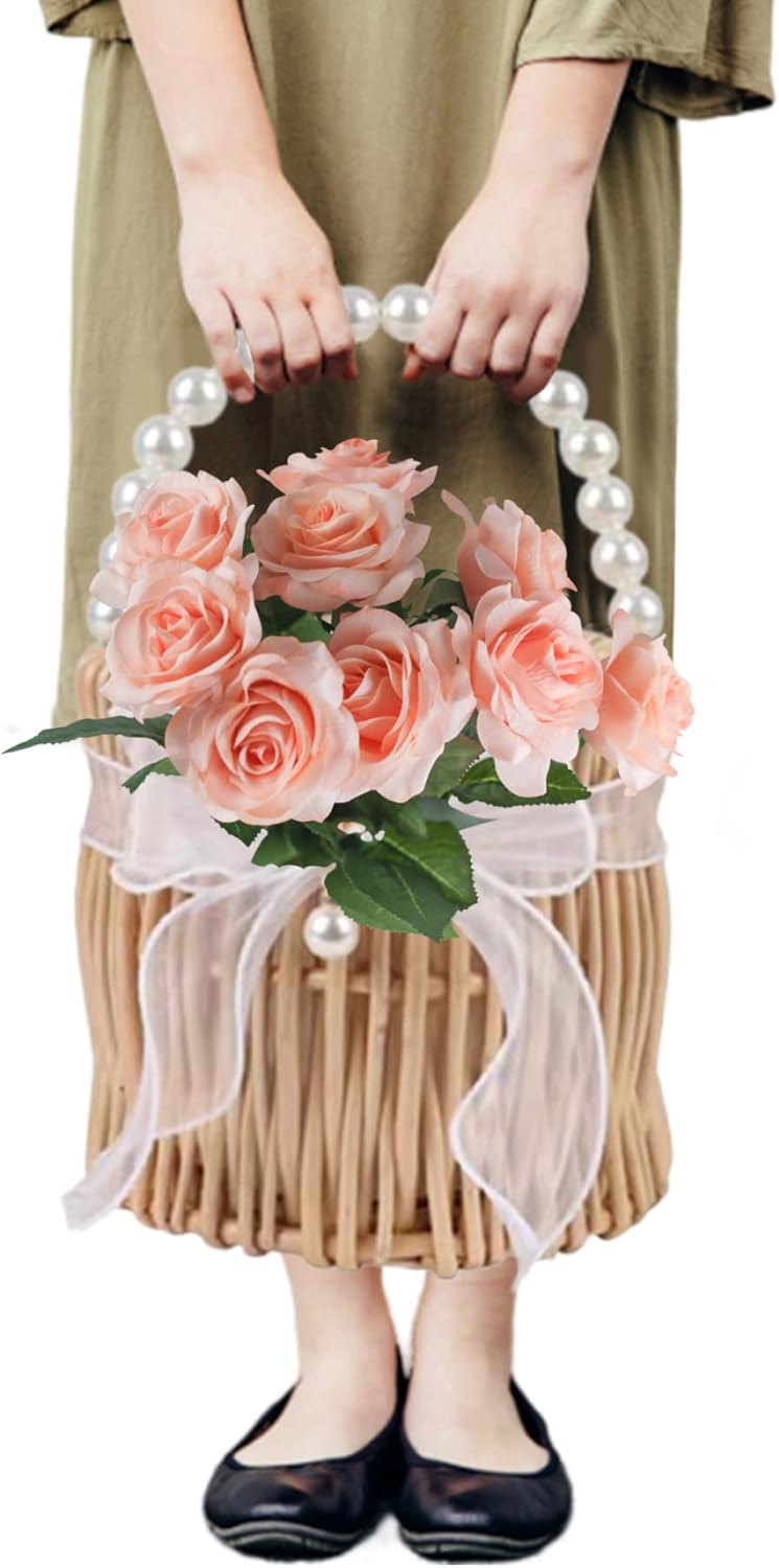 Wicker Rattan Basket with Handle Flower Girl Basket Pearls Willow Woven Baskets for Wedding Home Garden Decoration