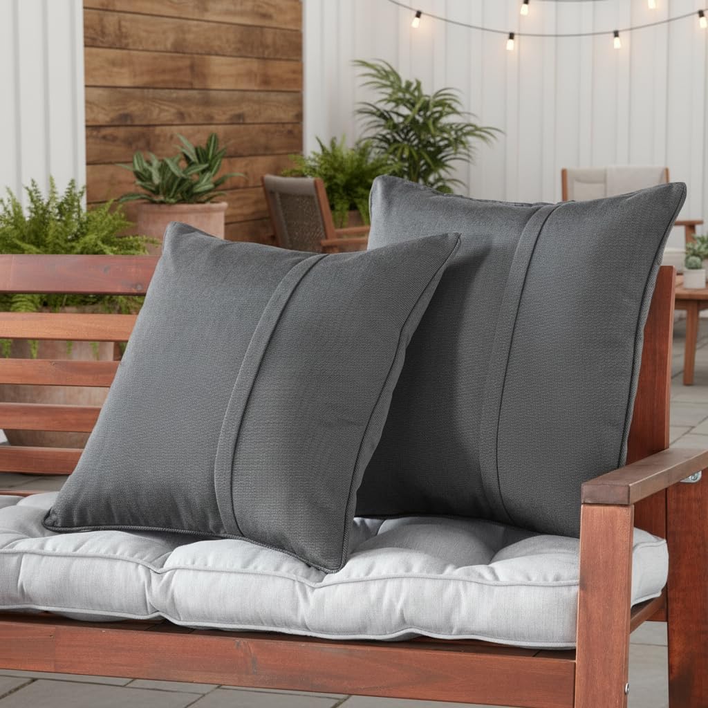 Sunbrella Outdoor Throw Pillows 20x20 Set of 2 – Corded Patio Accent Pillows with Pleated Design & Removable Zipper Covers – Weather & Fade Resistant Pillows for Patio Furniture, Canvas Coal
