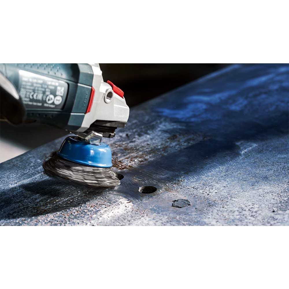 Bosch 1x Spazzola a tazza PRO Stainless Steel clean a filo ondulato grandi, filetto M14 (per Metalli non ferrosi, Acciaio, Ø 100 mm, Professional Accessorio Smerigliatrice angolare grande)