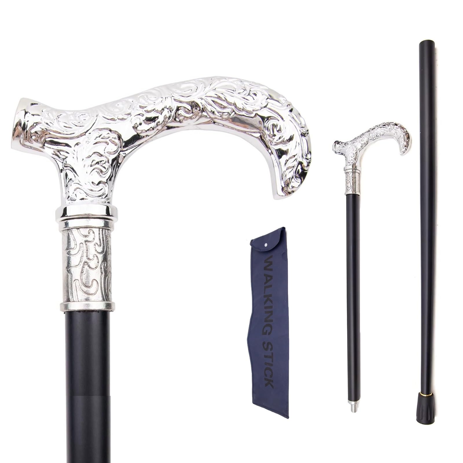 Bastón de Caminar Metálico Platado Plata – Ornado & Tallado, Estilo Británico, Elegante & Lujoso para Senderismo, Cosplay, Uso Diario & Regalo