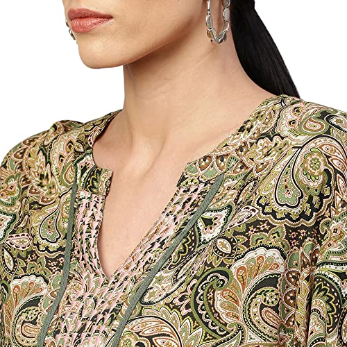 Image of Chemistry Women's Elegant Viscose Round Neck Paisley Printed Kurta | Regular Ethic Wear | Soft and Flowy Texture | Classic and Timeless Appeal with Three-Quarter Sleeves | Versatile for Casual Outings, Festive Occasions, OfficeWear |Olive Green