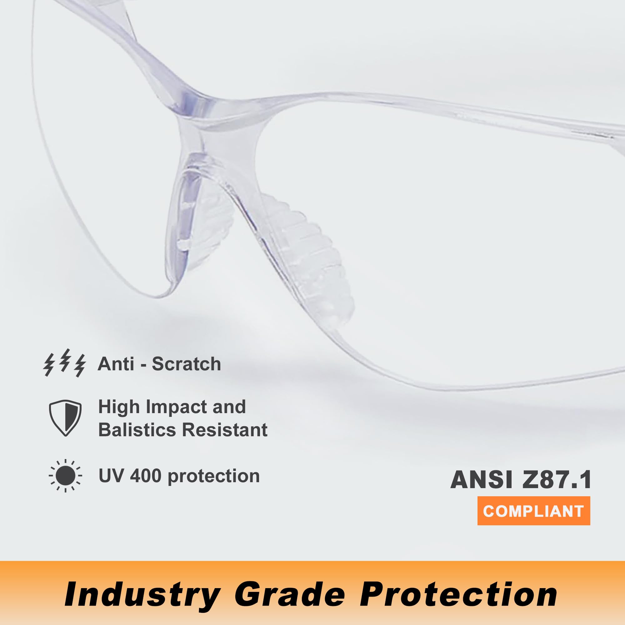 ProtectX Schutzbrille ANSI Z87.1 mit klarem, kratzfestem, beschlagfreiem Glas, rutschfeste Griffe, UV-Schutz, transparenter und orangefarbener Rahmen, 12 Stück (transparent)
