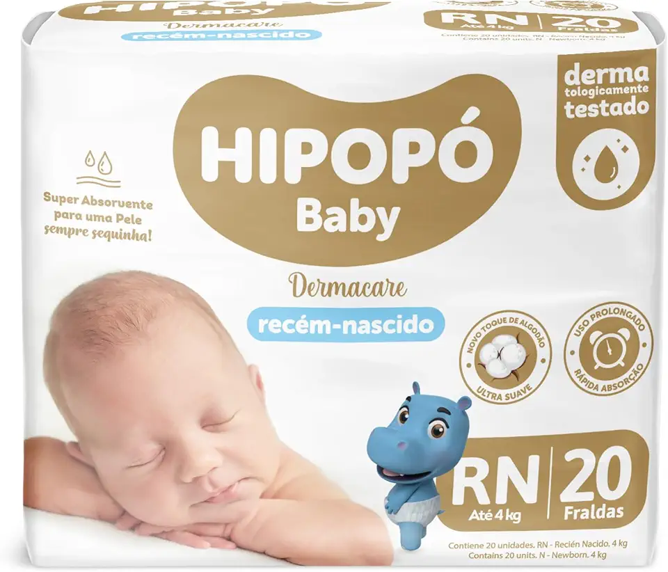 Fralda Infantil Hipopo Baby RN com 20 unidades