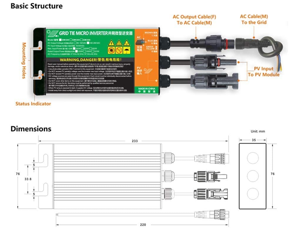Micro Onduleur Solaire 300 W 120/230 V Étanche MPPT Grille Cravate Micro Onduleur Sinusoïdal pour Petits Systèmes Solaires A