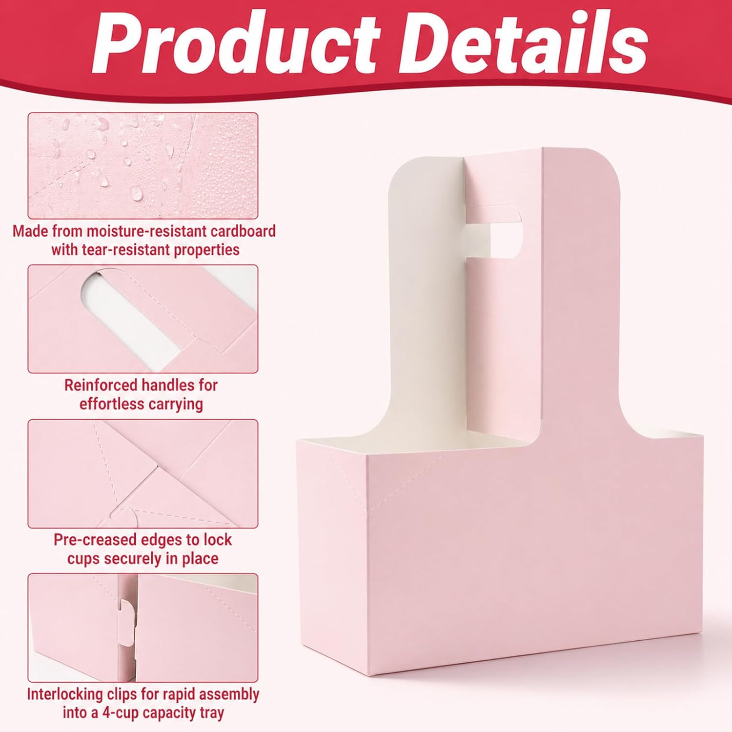100 Pcs Pink 2 Cup Drink Carrier Disposable, Foldable Kraft Cardboard Cup Holders with Handle, Cardboard Drink Carrier for Hot Cold Drinks Food Delivery Coffee Carrier