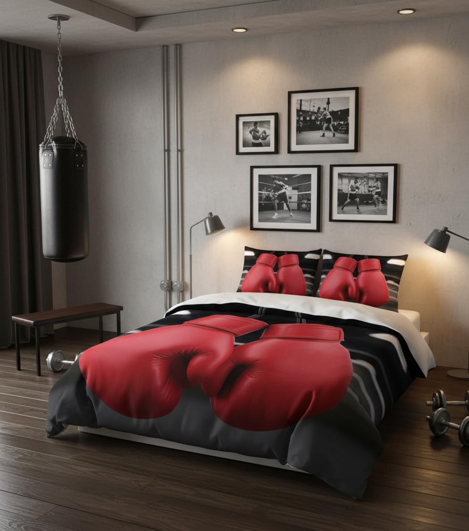 Adam Home 3D Digital Printed Boxing Gloves Duvet Cover Set With Pillowcases Home Bedroom Décor Microfiber Superking Bedding Set Made in UK |Red Downward Boxing Gloves
