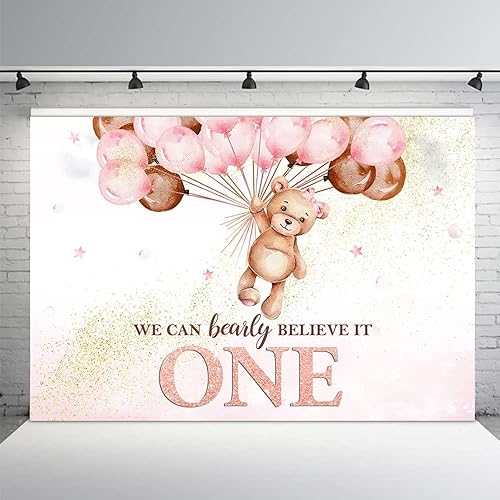 MEHOFOND Telón de fondo de oso para el primer cumpleaños para niñas, con texto en inglés "We Can Bearly Believe It One Happy First Birthday",