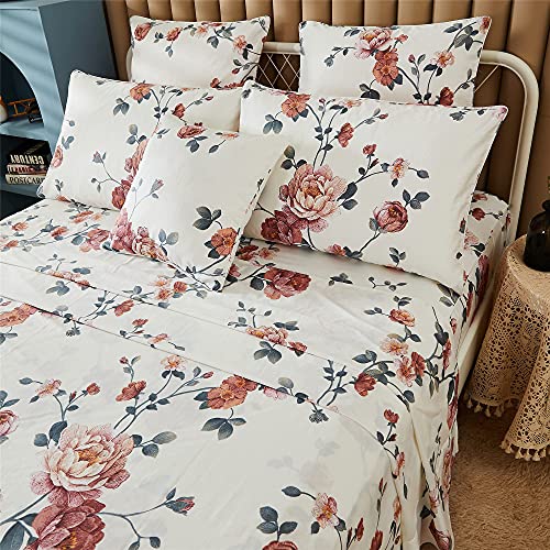 Image of FADFAY Sheets Set Full Shabby Beige Floral Bedding Elegant Peony Sheets Set Vintage Flower Bedding Collections Soft 100% Egyptian Cotton 800 Thread Count Deep Pocket Fitted Sheet, 4Pcs-Full Size