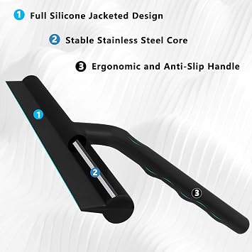 Shower Squeegee for Glass Doors, Full Silicone Jacketed Squeegee with Ergonomic Handle & No-Drill Hook, Cleaning Tool for Windows, Mirrors, Tiles, Bathroom & Car - Black