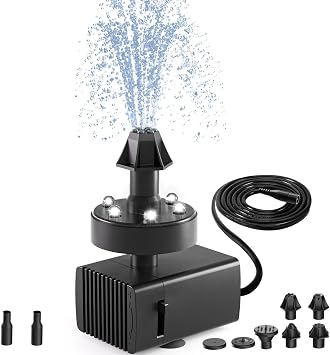 SZMP Bird Bath Fountains, Upgraded 24-Hours Working Bird Bath Fountain Pump with Light & 7 Nozzle, 16.4Ft Power Cord & Adapter, Adjustable Water Pump for Garden, Pond, Fish Tank, Outdoor White