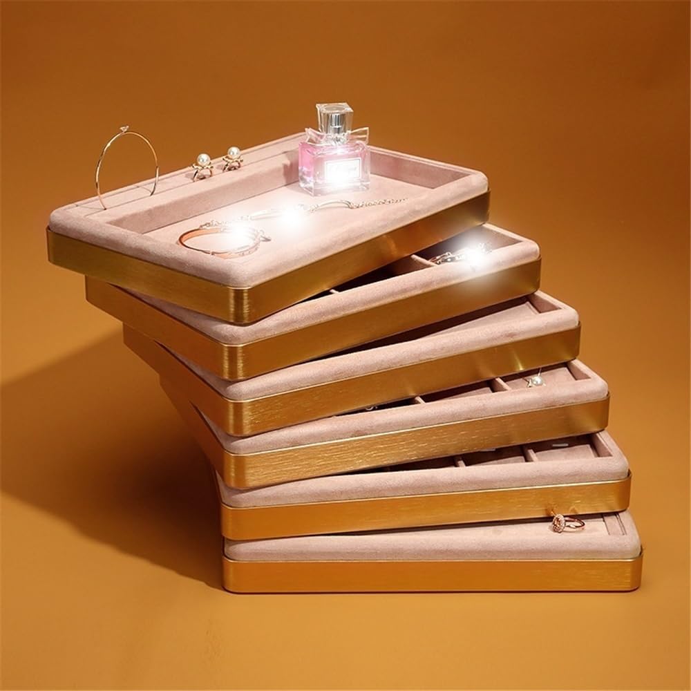 Vassoio for gioielli impilabile con bordo in metallo dorato. Vassoio multi-espositore