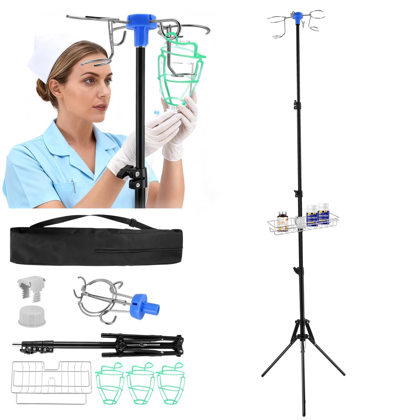 Klappbarer Infusionsständer höhenverstellbar bis 190cm – Mobiler IV-Ständer mit 4 Haken, 3 Netzbeuteln, Ablagekorb & Tragetasche, Rollen mit Bremse für Krankenhaus und häusliche Pflege