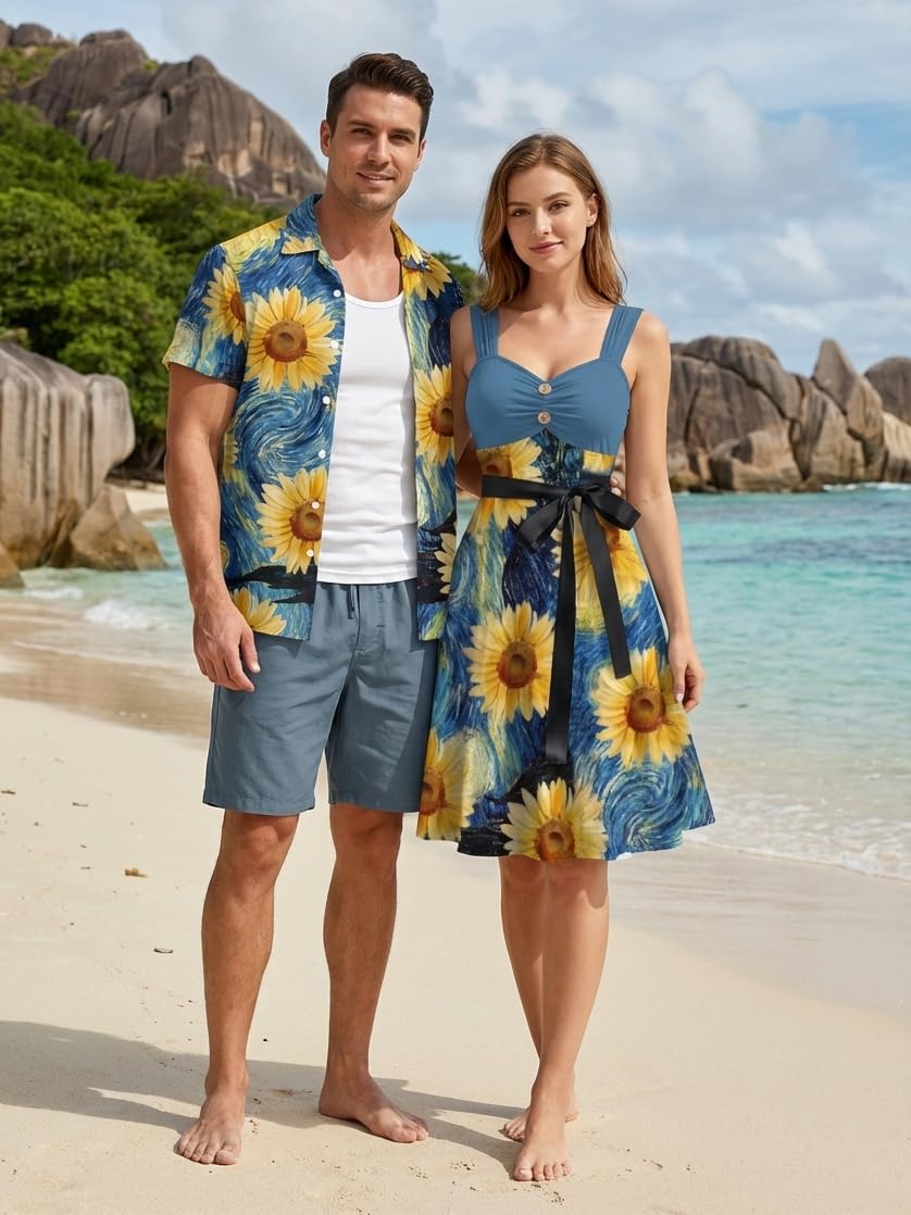 DRESSFO Passendes Hawaii-Outfit für Paare, Sonnenblumen-Druck, Hemd oder Mock-Knopf, Tankgürtel, Minikleid