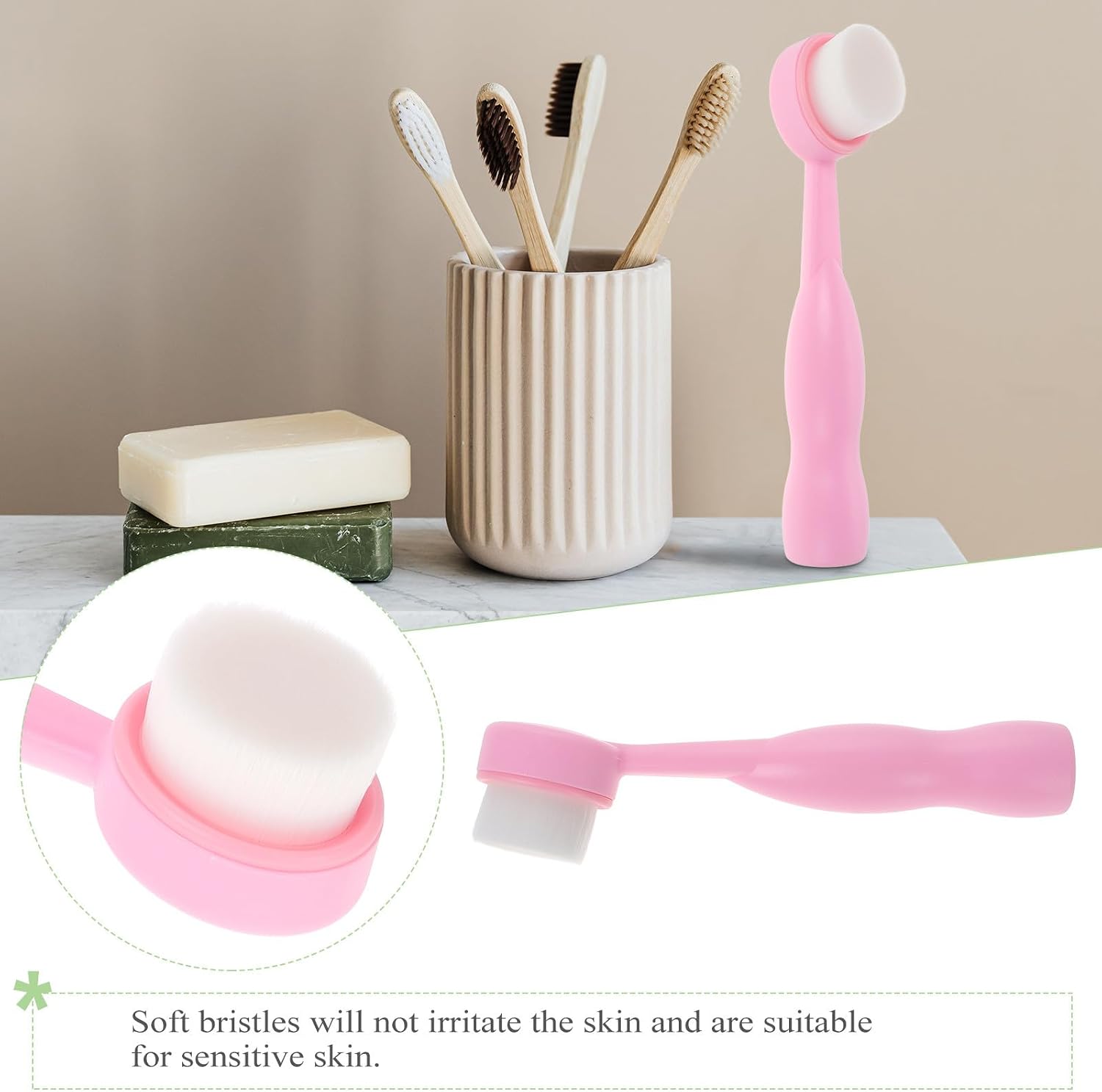 FRCOLOR Manual Face Cleansing Brush Exfoliating Face Scrubber Deep Pore Cleaning Facial Brush with Pink Handle and White Bristles for Blackhead Removal and Makeup Cleansing, Suitable