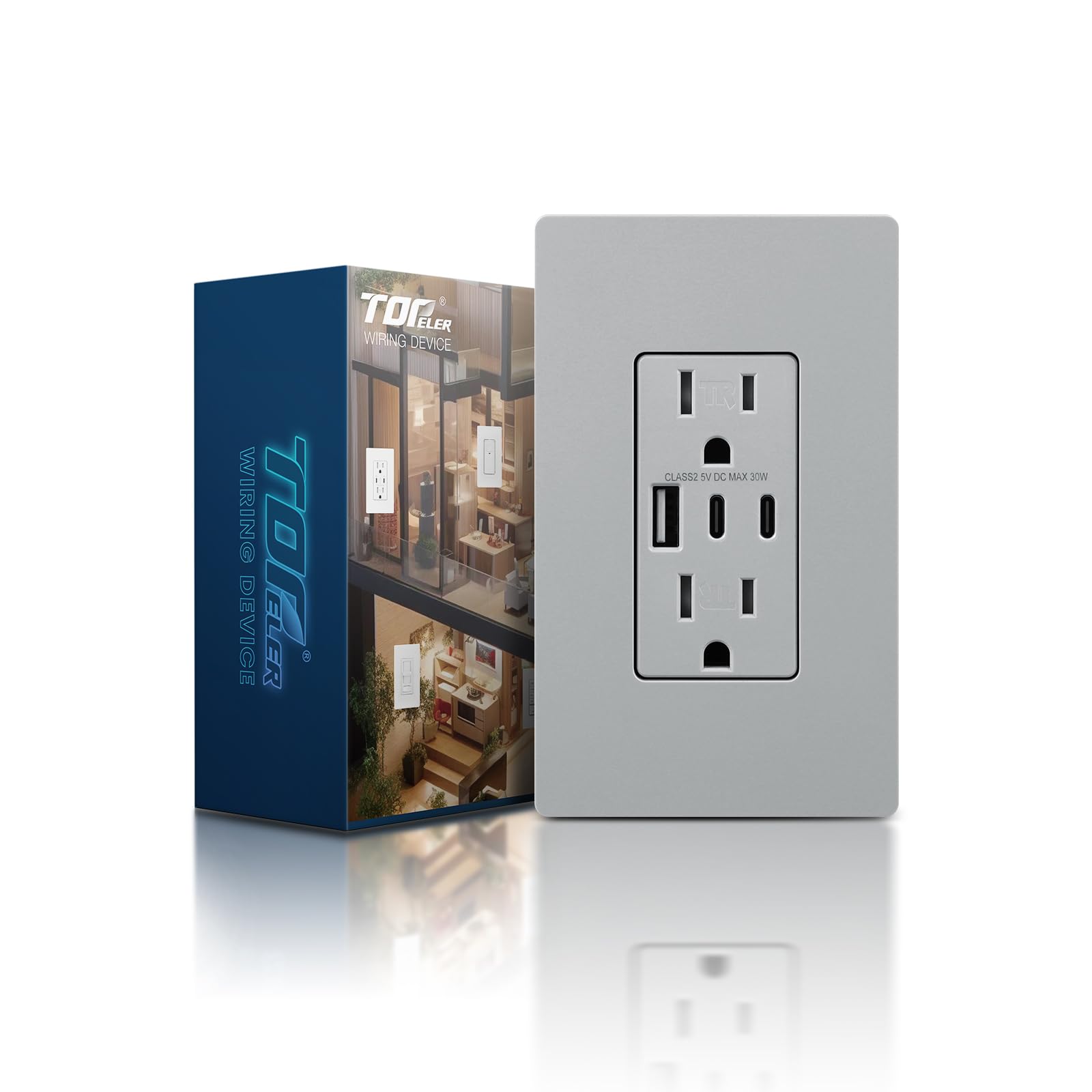 USB C Wall Outlet, 30W 6.0A USB Receptacle, 15A Duplex Receptacle with Tamper Resistant, Power Outlet with 3 USB Port, ETL & FCC Listed, Screwless Wall Plate, Grey