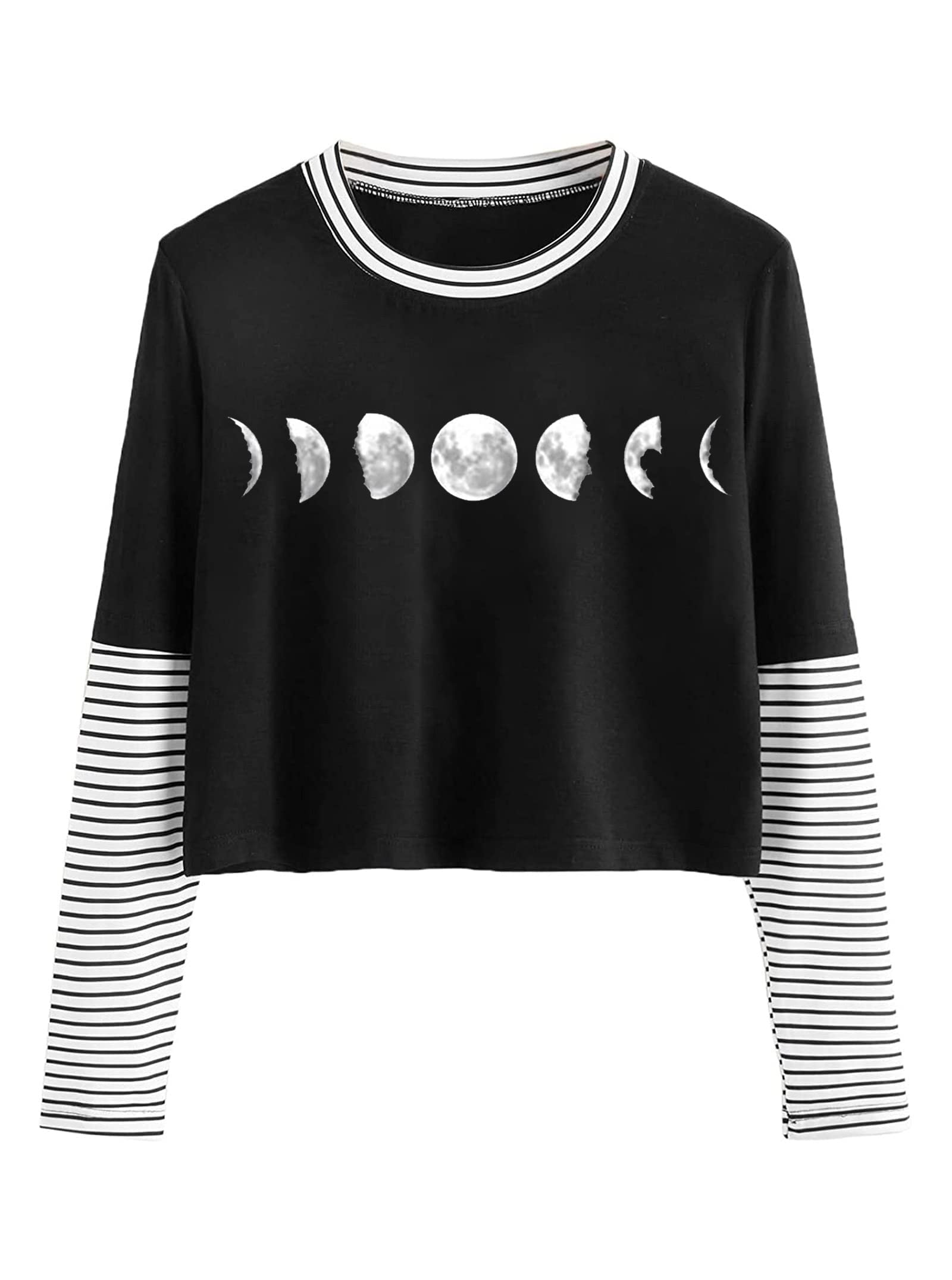 RemidooWomen's Collared Half Button Long Sleeve Striped Crop Top Sweatshirt