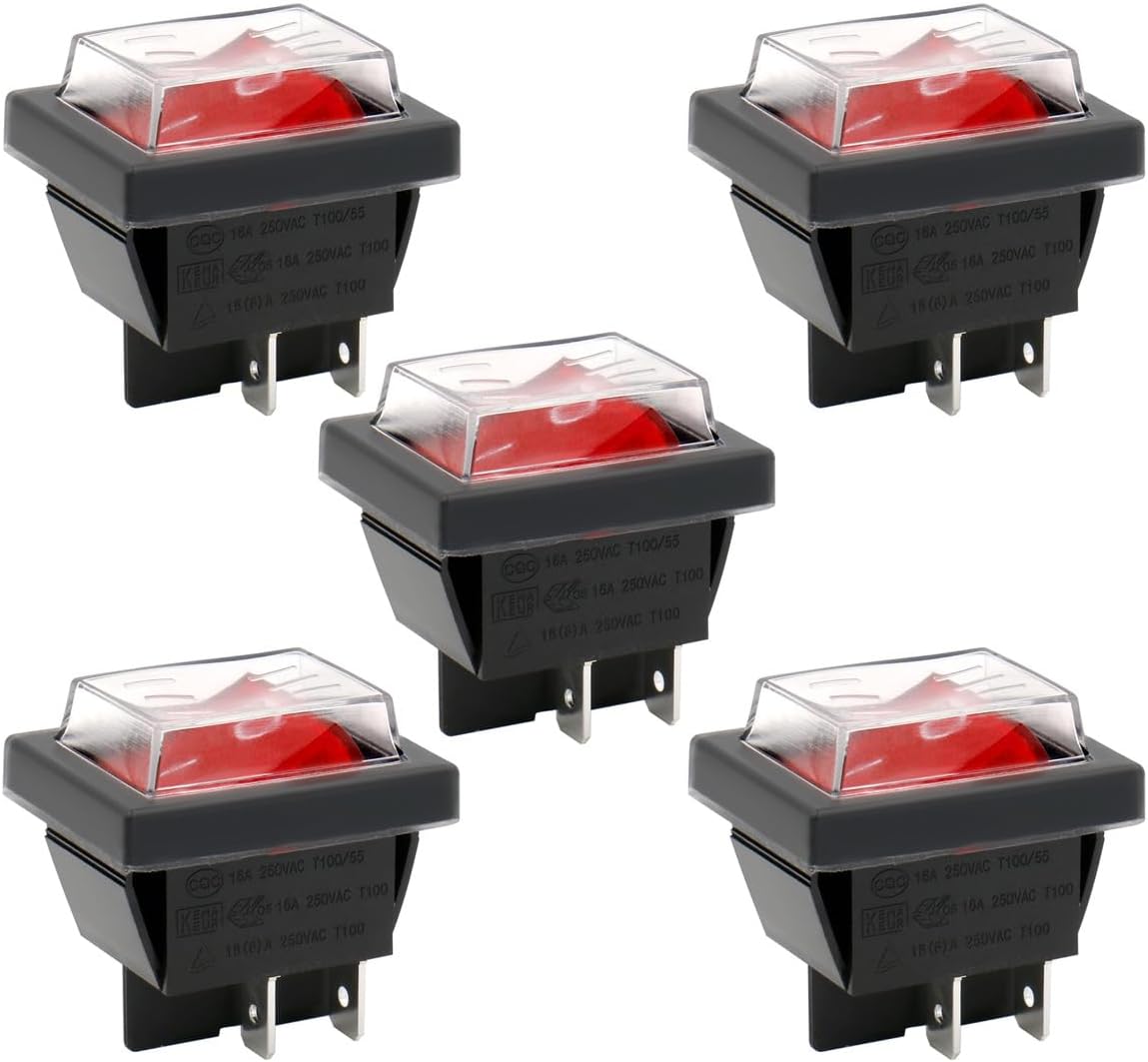 Heschen Rocker Switch ON-OFF DPST 4 Terminals Red Light 16A 250VAC with Waterproof Cover (5)
