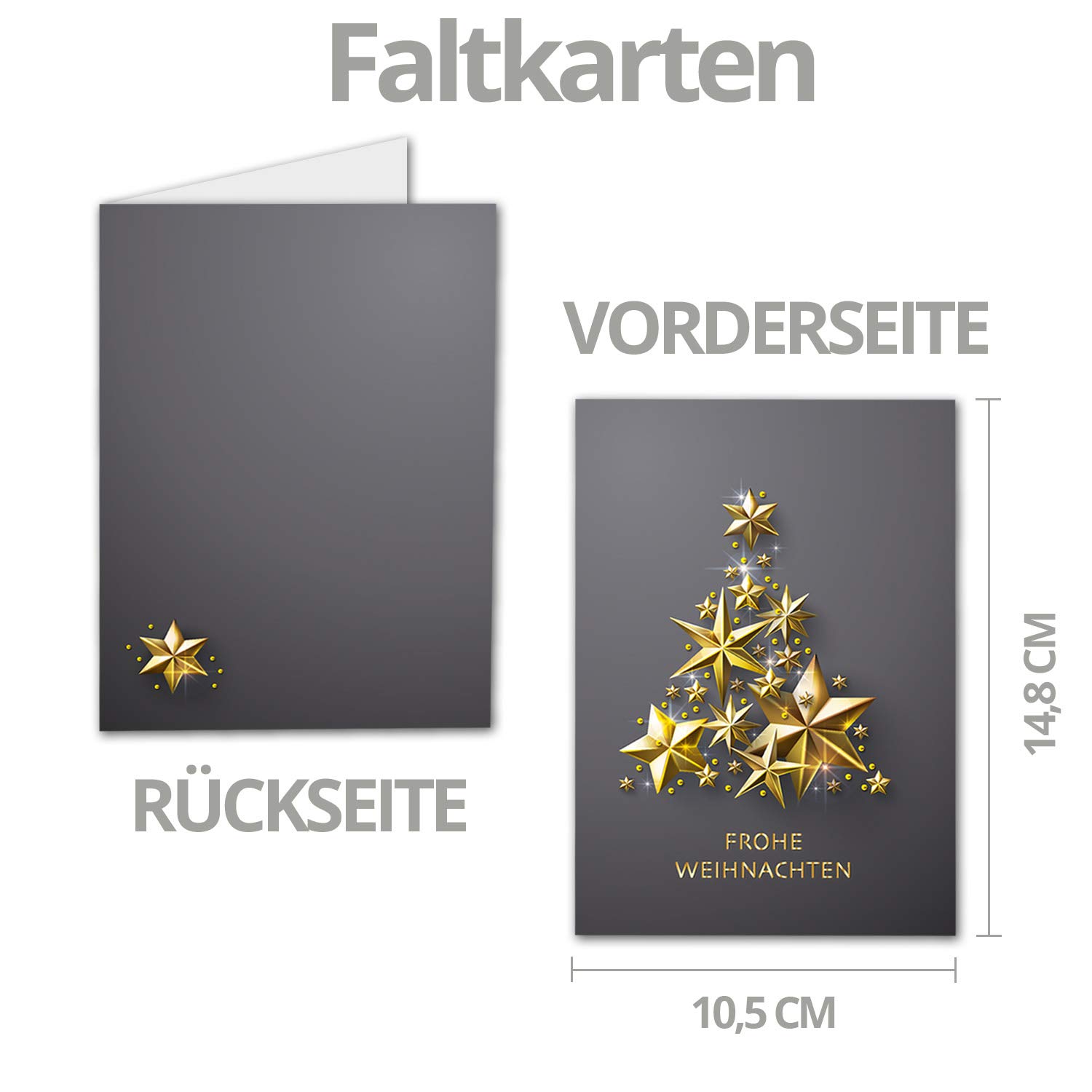 15 x Christmas Card Set DIN A6 in Grey with Gold Star Christmas Tree Folding Cards with Matching Envelopes Christmas Greetings for Companies and Private - Image 3