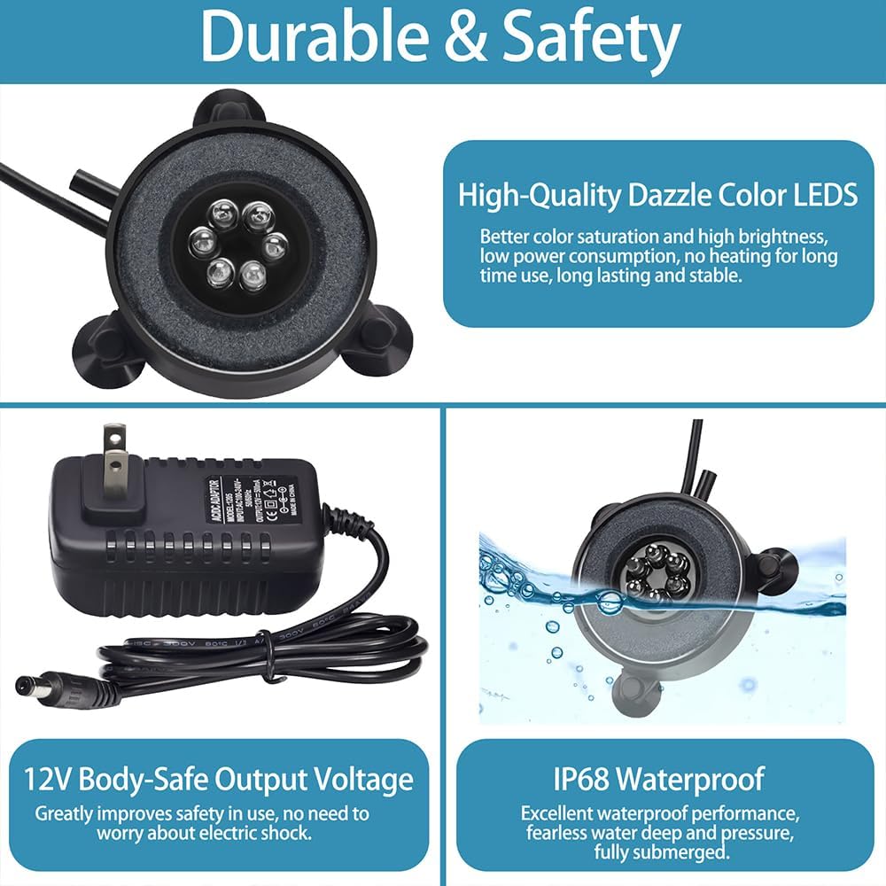 DaToo Aquarium LED Air Bubble Stone Disk 2 Inch with 6 Dazzle Color LEDs Fish Tank Oxygen Bubble LED Light Color Auto Changing with 3.5ft Air Tubing (Pack of 2)