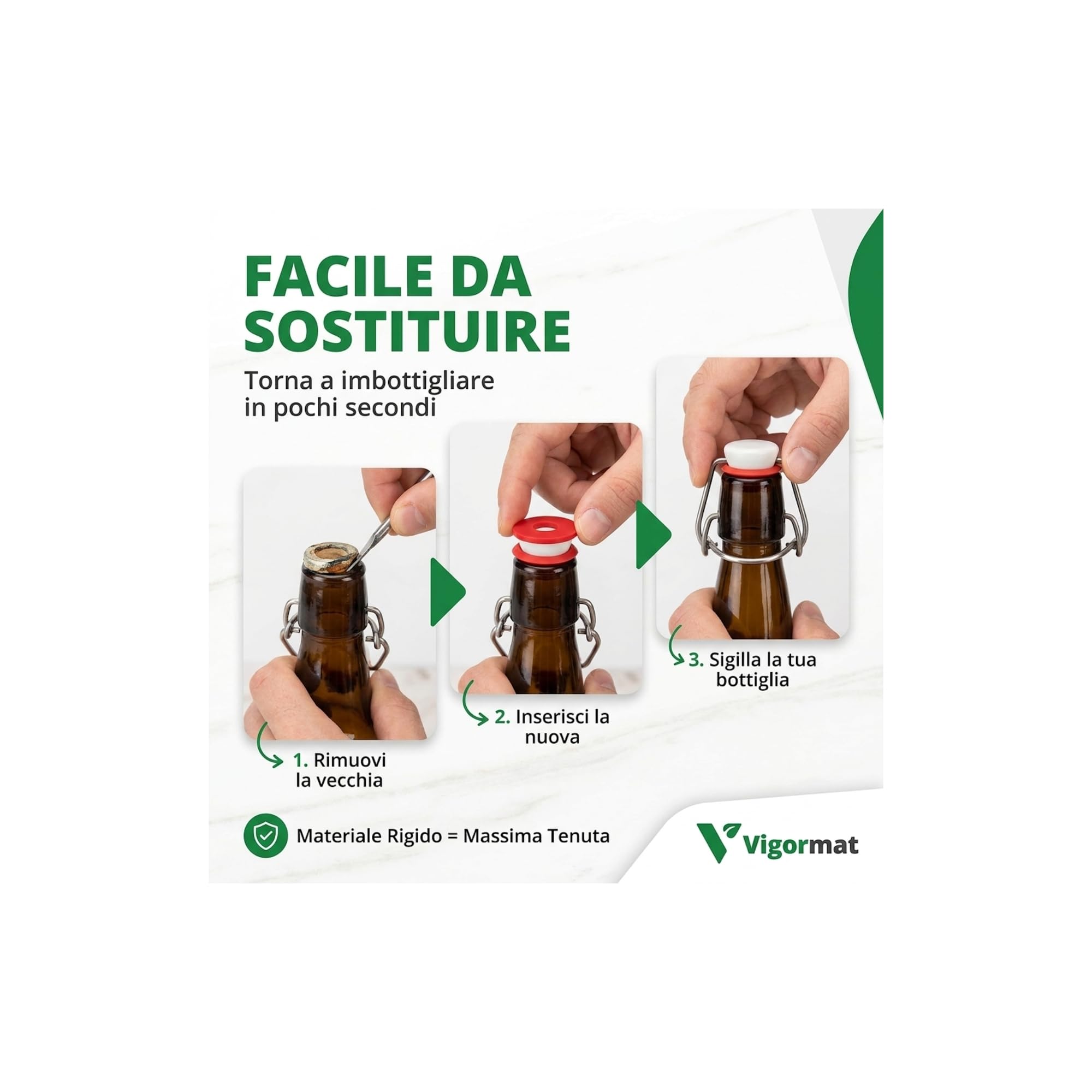 Vigormat Guarnizioni per Bottiglie di Vetro in Gomma Universali - Guarnizione di Ricambio per Tappi Bottiglie Vetro con Chiusura Ermetica - Made in Italy (50 Pezzi)