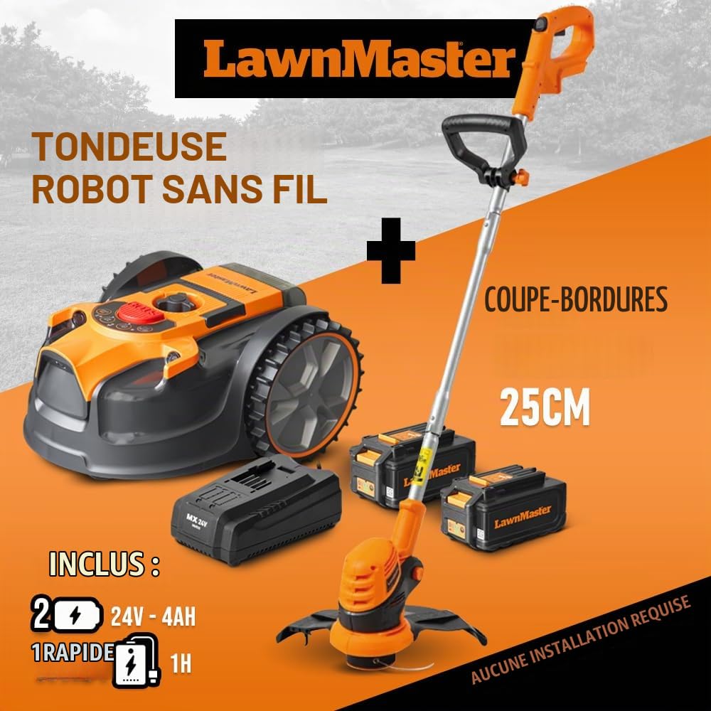 Lawnmaster Robot Tondeuse Autonome 24V sans Fil périmétrique - Le Robot Le Plus Simple du marché + Coupe Bordures 24v et 2 Batteries.
