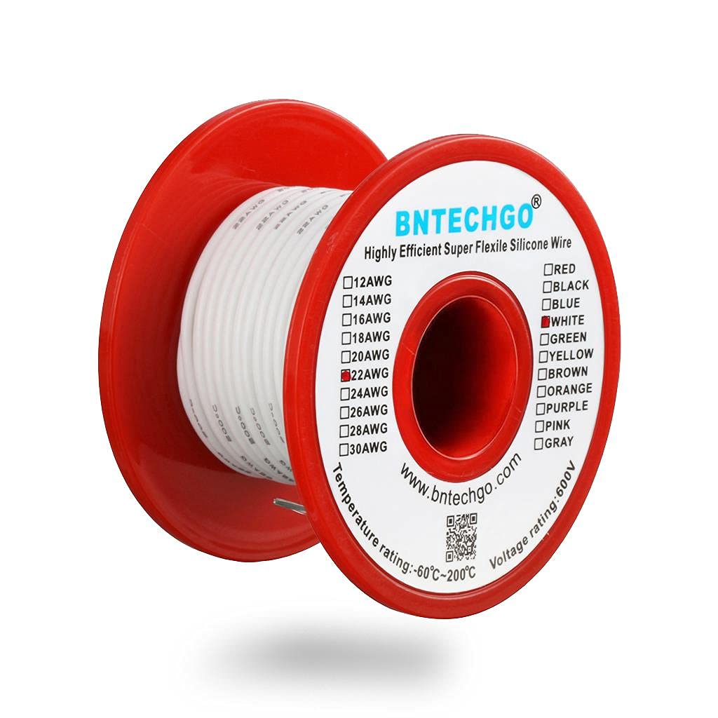 BNTECHGO 22 Gauge Silicone Wire Spool 50 ft White Flexible 22 AWG Stranded Tinned Copper Wire