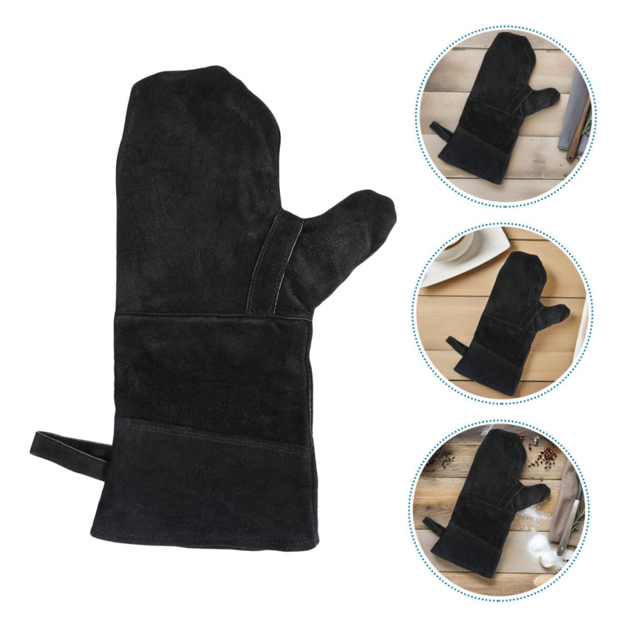 Guanti da Forno per Dita Neri 3 Pezzi in Pelle Bovina | Fodera in Cotone, Resistenti al Calore per Cucina e Stufa, Facili da Pulire