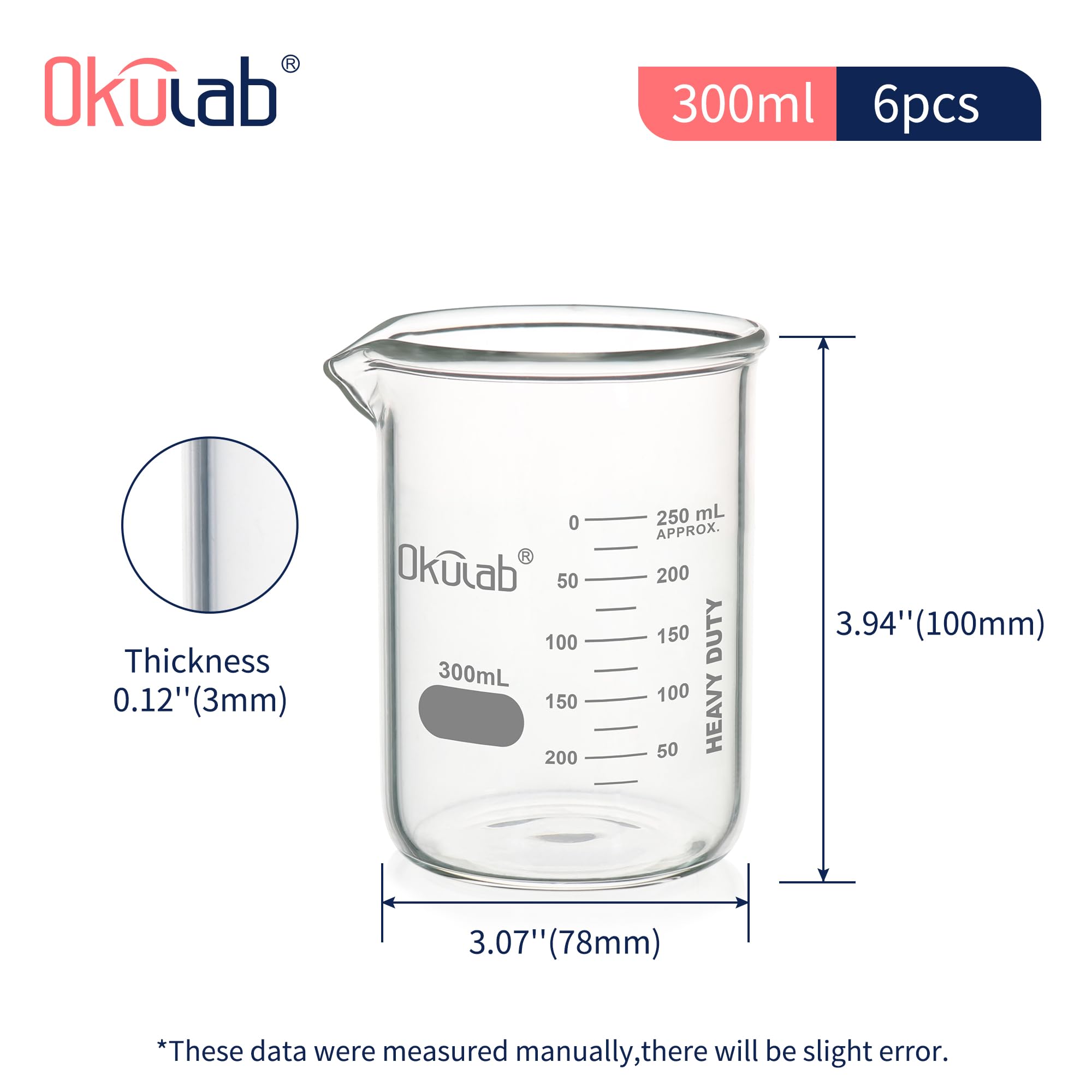 BKLG300A6-X - Juego de 6 vasos de vidrio de 300 ml, vasos de vidrio graduado para laboratorio, aula, manualidades, cocina, BKLG300A6-X
