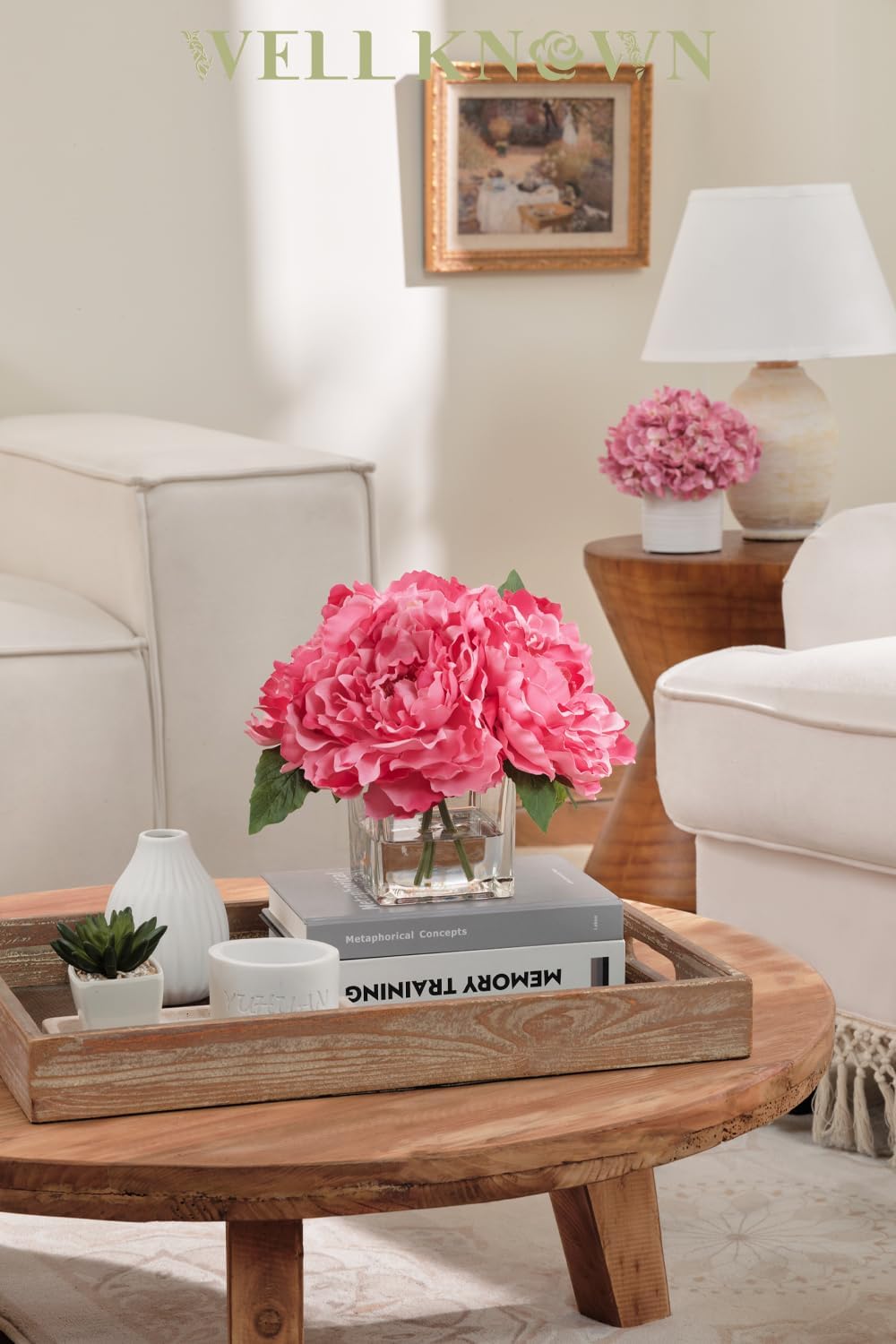 Artificial Peonies Flowers Arrangements in Cube Glass Vase, WELLKNOWN Silk Flower Centerpieces for Dining Room Table, Coffee Table Decor, Faux Peony Flowers with Faux Water (Fuchsia) - Image 3
