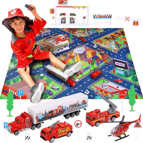 Lolo Toys Firefighter Play Set - 20-Piece Kids Toy Fire Truck & Costume With Road Mat, Diecast Vehicles, Hat & Search Game #TOP30