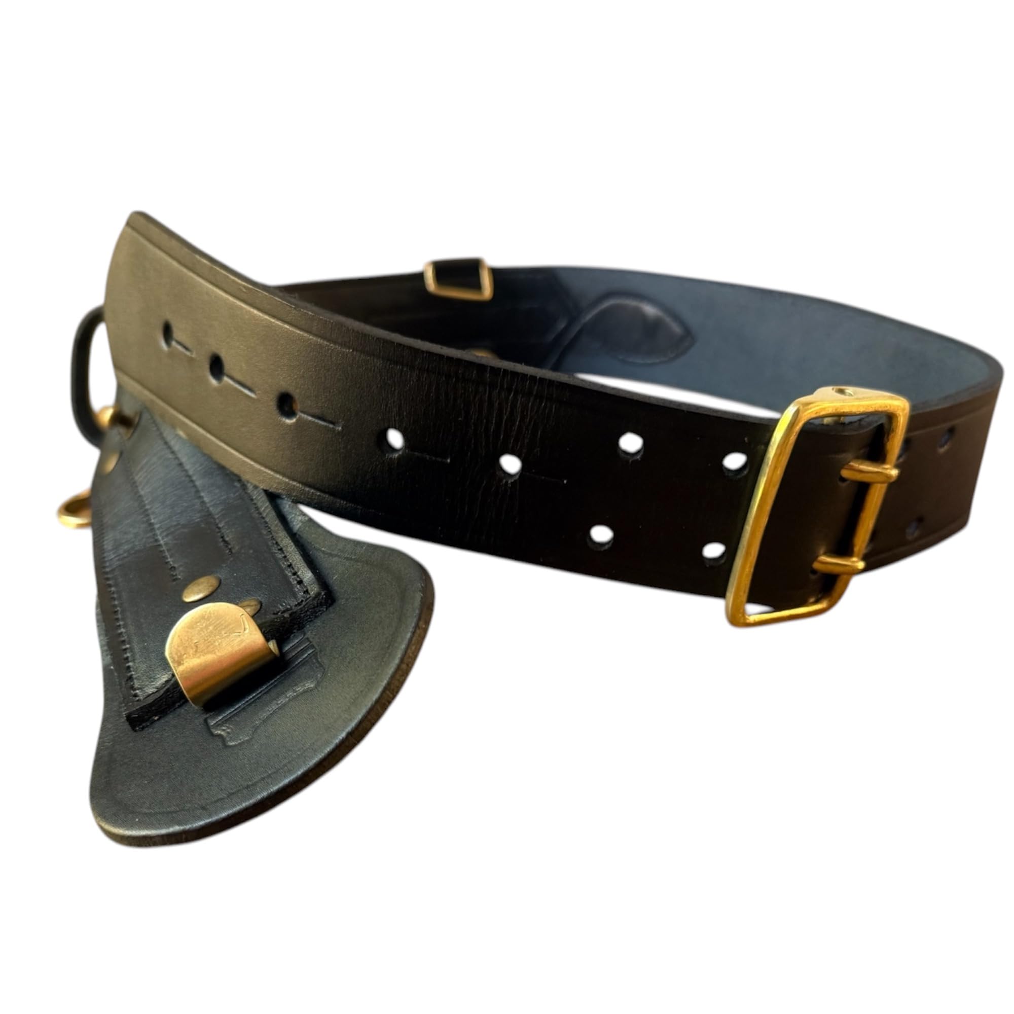 Cinturón de cuero negro Sam Browne con correa para el hombro, cinturón de cuero genuino estilo policía y militar, cinturón ajustable con hebillas de latón dorado macizo para uniformes, ceremonias y