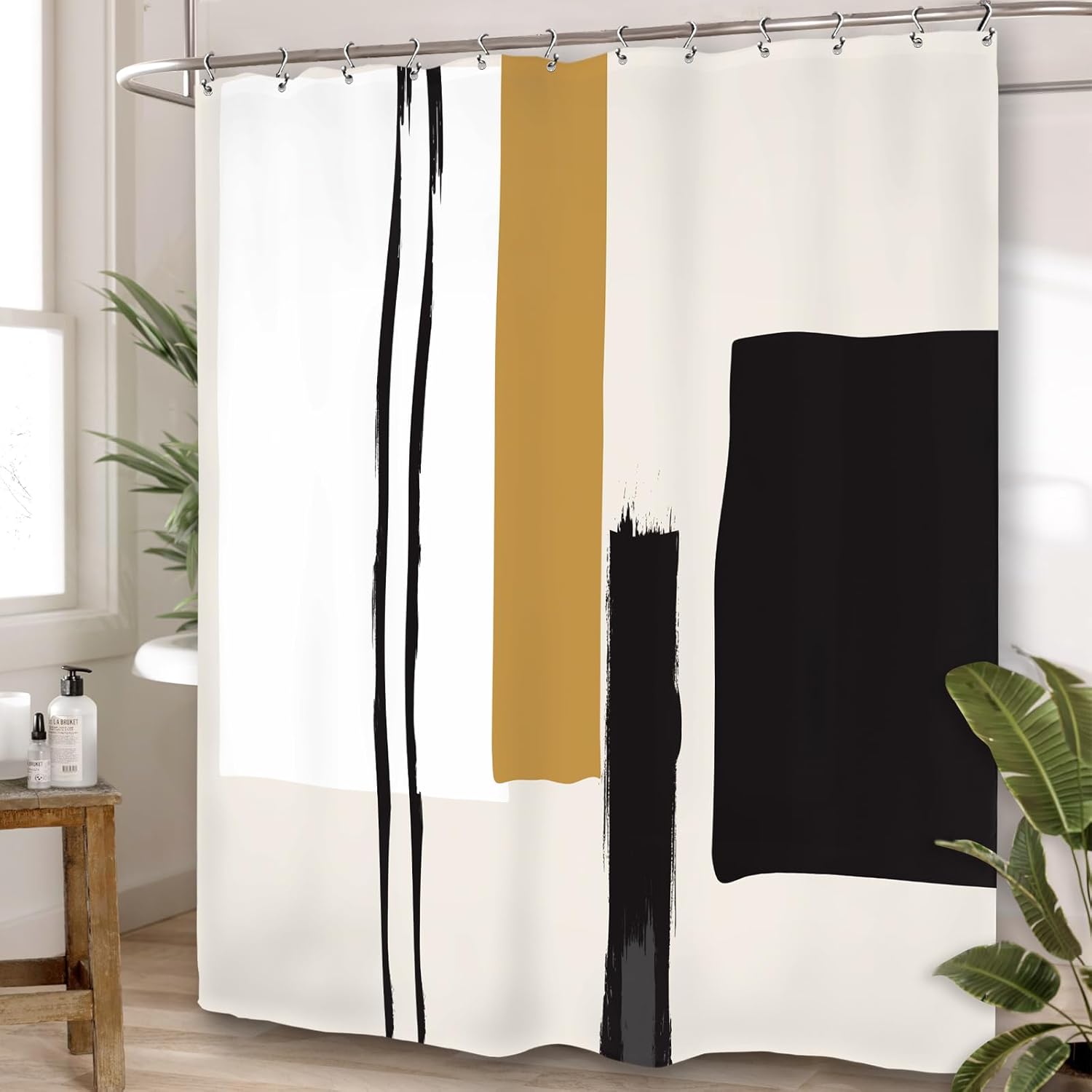 Yookeb Extra Long Abstract Neutral Bathroom Shower Curtain 71W by 96H Inch Geometric Black Painting Minimalist Modern Tan Striped Polyester Fabric 12 Plastic Hooks Waterproof Decor