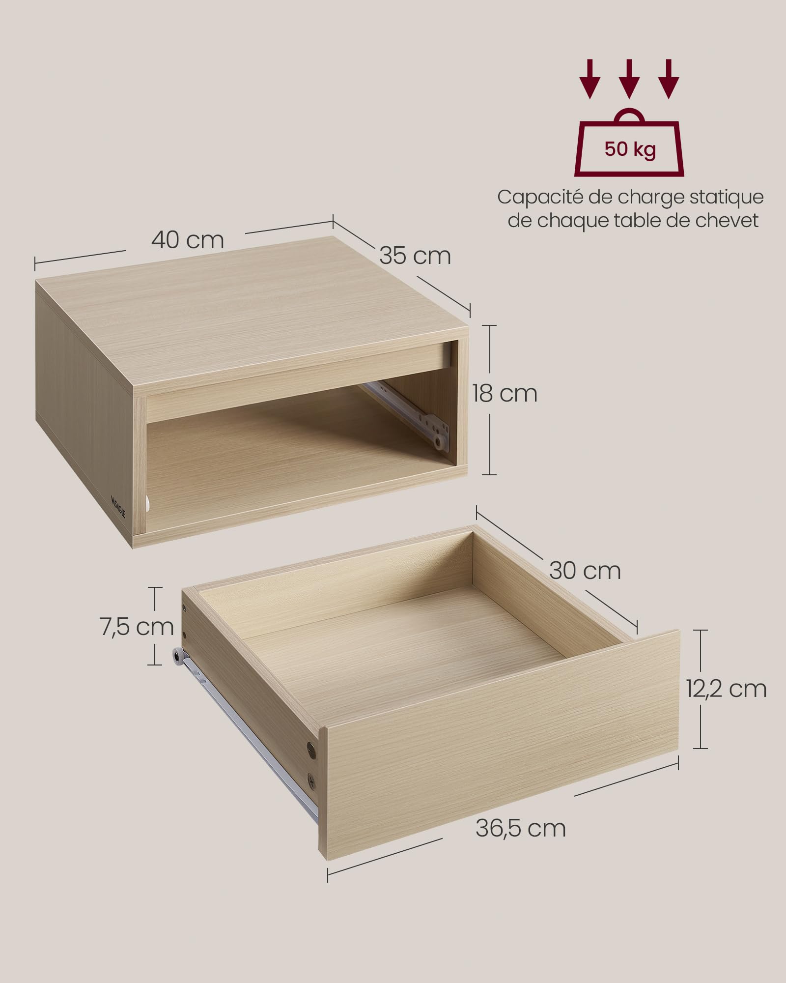 VASAGLE Kailyn Collection - Tables de Chevet Suspendues, Lot de 2, Tables de Nuit, Lumière 3 Couleurs, Étagère Murale Tiroir, 35 x 40 x 18 cm, Style Moderne, Chambre, Salon, Beige Naturel LET854N01