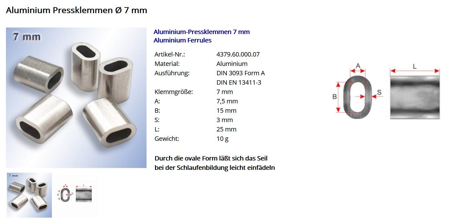Aluminiowe zaciski zaciskowe owalne do lin 1 mm – 20 mm DIN EN 13411-3 DIN 3093 tuleje zaciskowe | aluminiowe zaciski zaciskowe do lin stalowych, łączników linowych (50, 7 mm)