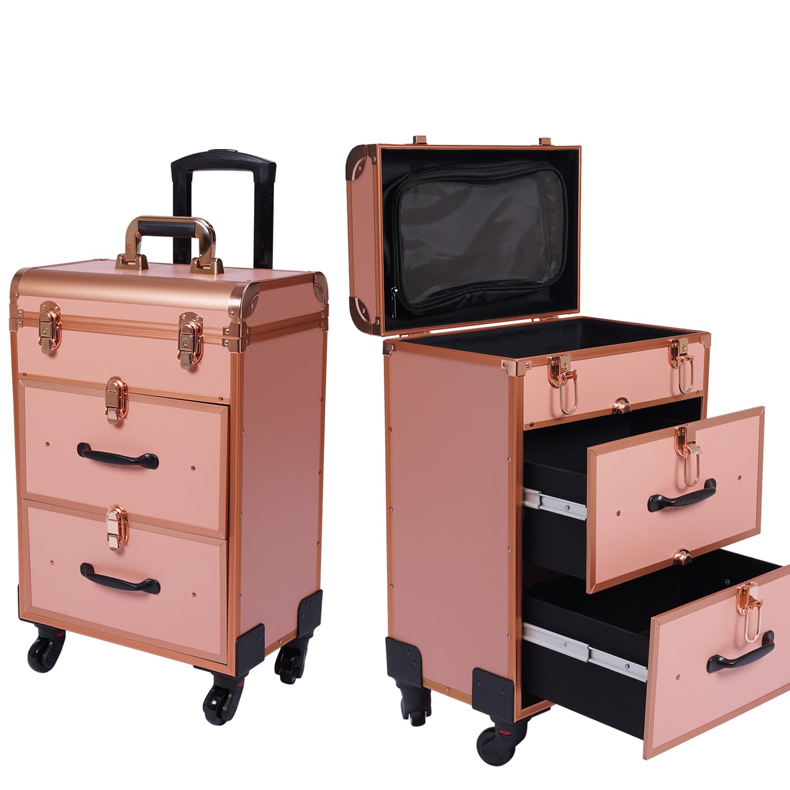 Valigetta per cosmetici, trolley a 3 strati, grande per cosmetici, con ruote, per parrucchieri, in alluminio, per unghie, multiuso, colore: oro, gold, alla moda