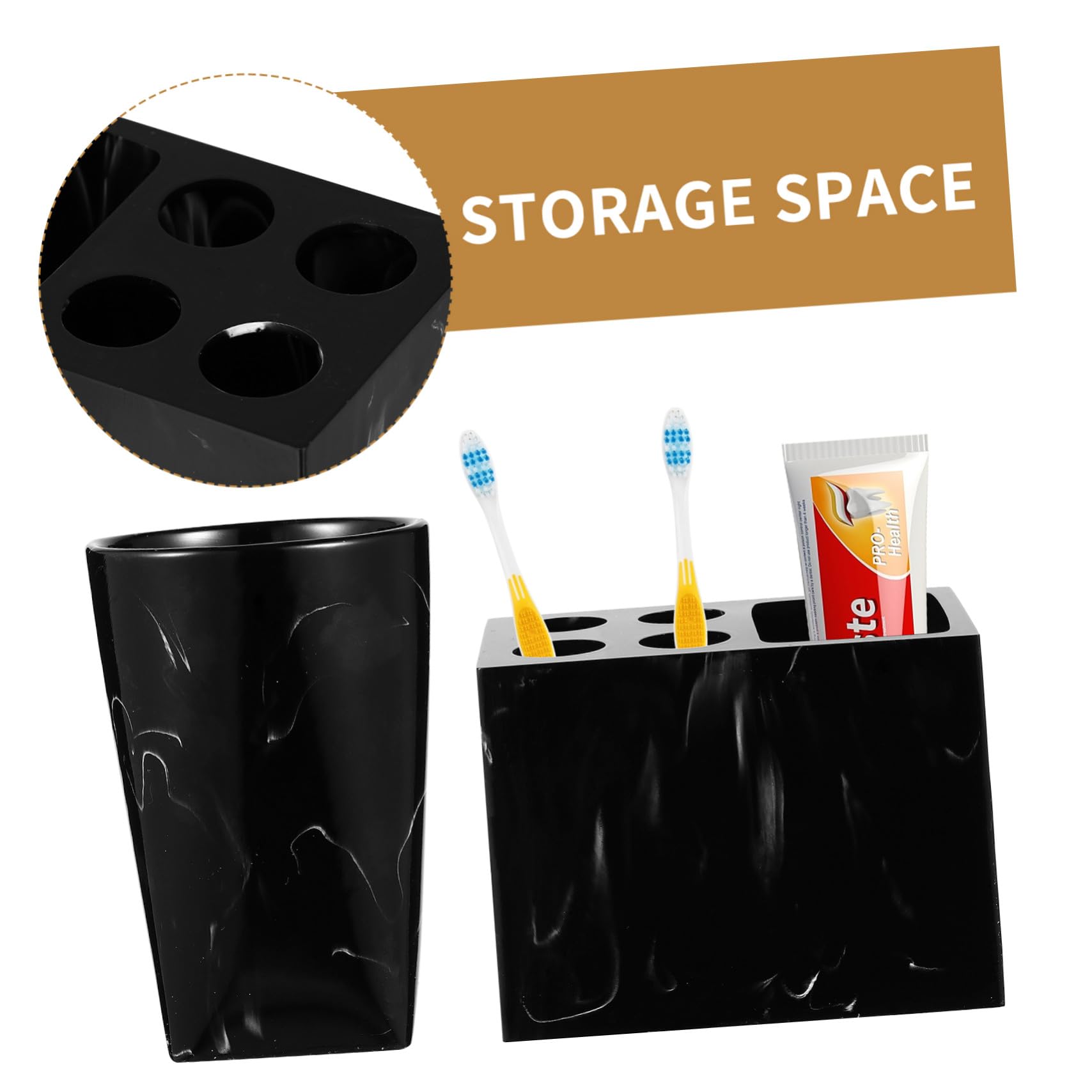 Healifty Set de Accesorios de Baño Diseño Jaspeado, Soporte para Cepillos de Dientes, Botella de Mano, Vasos para Enjuague y Jabonera de Resina Negra Práctica y Cómoda