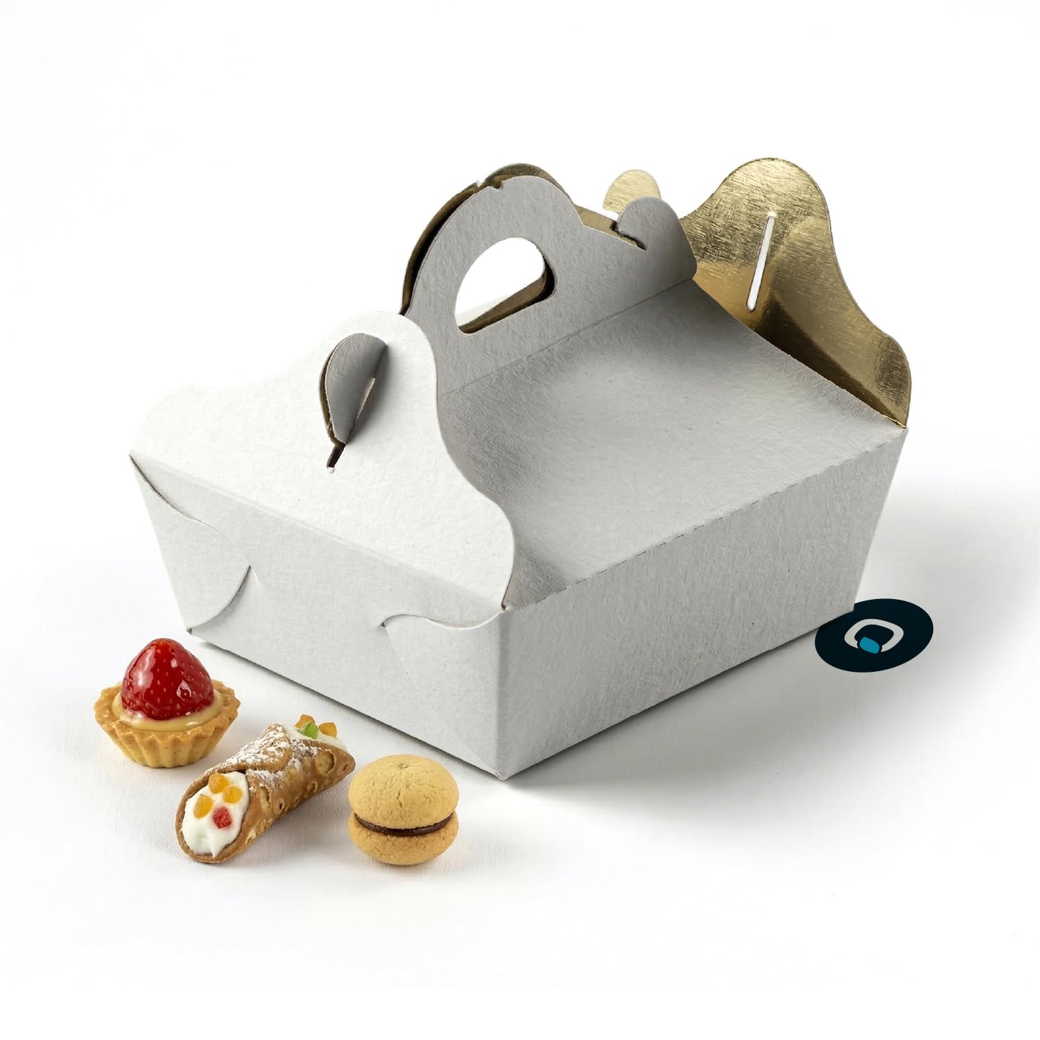 MAQA 25 Pezzi Scatole Porta Torta 15 x 21 cm, Rettangolari in Cartone Bianco e Oro con Maniglia, Porta Dolci, Pasticcini e Biscotti per Asporto, Feste, Pasticcerie e Catering